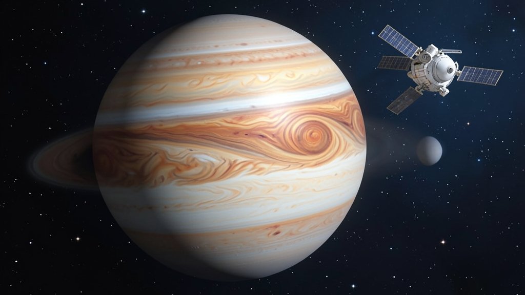 An illustration of the Jupiter planet with a subtle background of stars and the Juno spacecraft nearby, highlighting the planet's newly discovered size and shape.